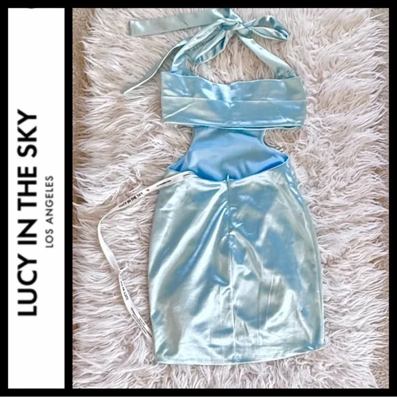 NWT Lucy in the Sky Blue Satin Cutout Bodycon Dress - Picture 8 of 10
